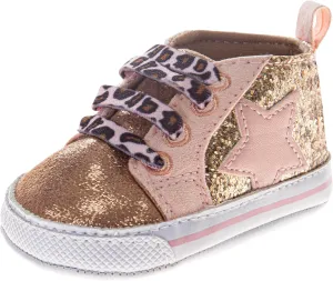 Josmo Infant Girls Fashion Sneakers Glitter High-Top Shoes - Star Patch Leopard Print Laces Lightweight Soft Sole (Size 2-4 Infant)