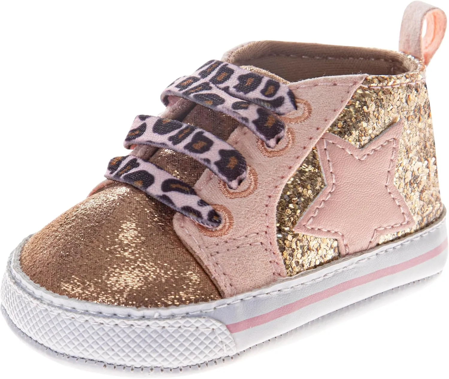 Josmo Infant Girls Fashion Sneakers Glitter High-Top Shoes - Star Patch Leopard Print Laces Lightweight Soft Sole (Size 2-4 Infant)