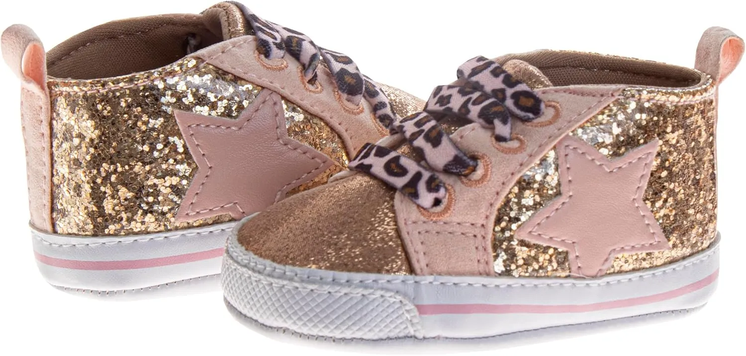 Josmo Infant Girls Fashion Sneakers Glitter High-Top Shoes - Star Patch Leopard Print Laces Lightweight Soft Sole (Size 2-4 Infant)