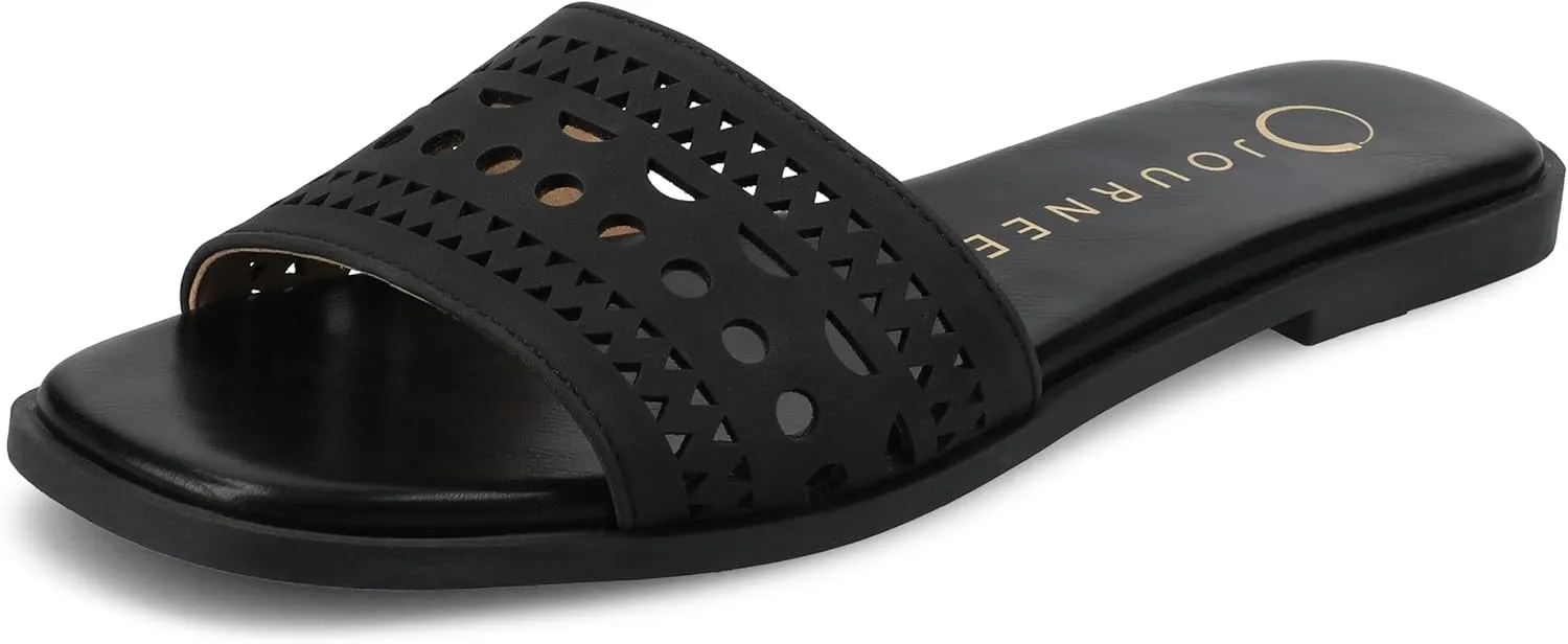 Journee Womens cushioned footbed Faux Leather Sandals Flat Sole Brodie Laser Cutout Straps