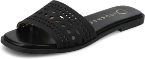 Journee Womens cushioned footbed Faux Leather Sandals Flat Sole Brodie Laser Cutout Straps