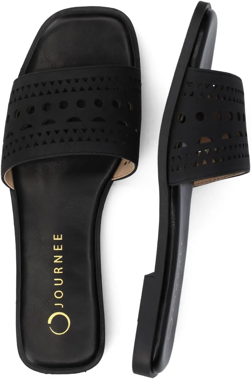 Journee Womens cushioned footbed Faux Leather Sandals Flat Sole Brodie Laser Cutout Straps