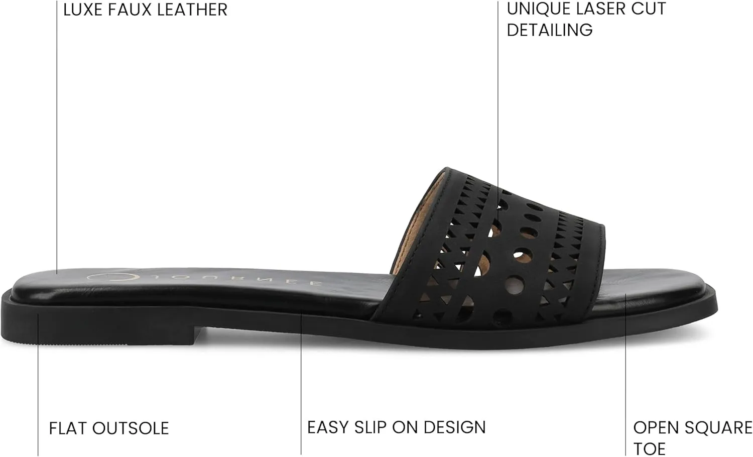 Journee Womens cushioned footbed Faux Leather Sandals Flat Sole Brodie Laser Cutout Straps