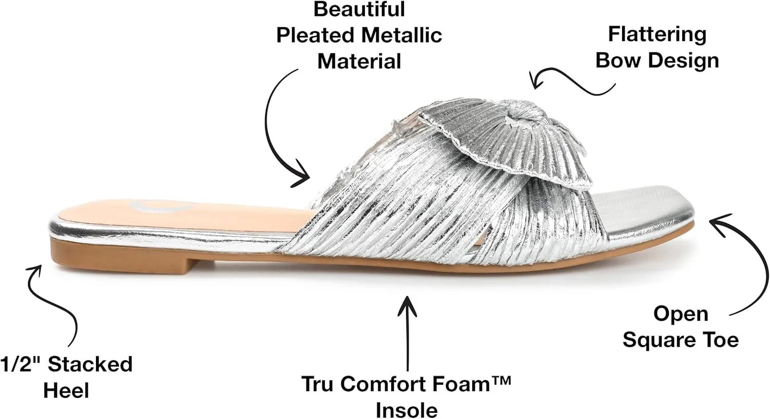 Journee Womens Pleated Metallic Bow Knot Low Block Heel Padded Open Square Toe Serlina Slide Sandal