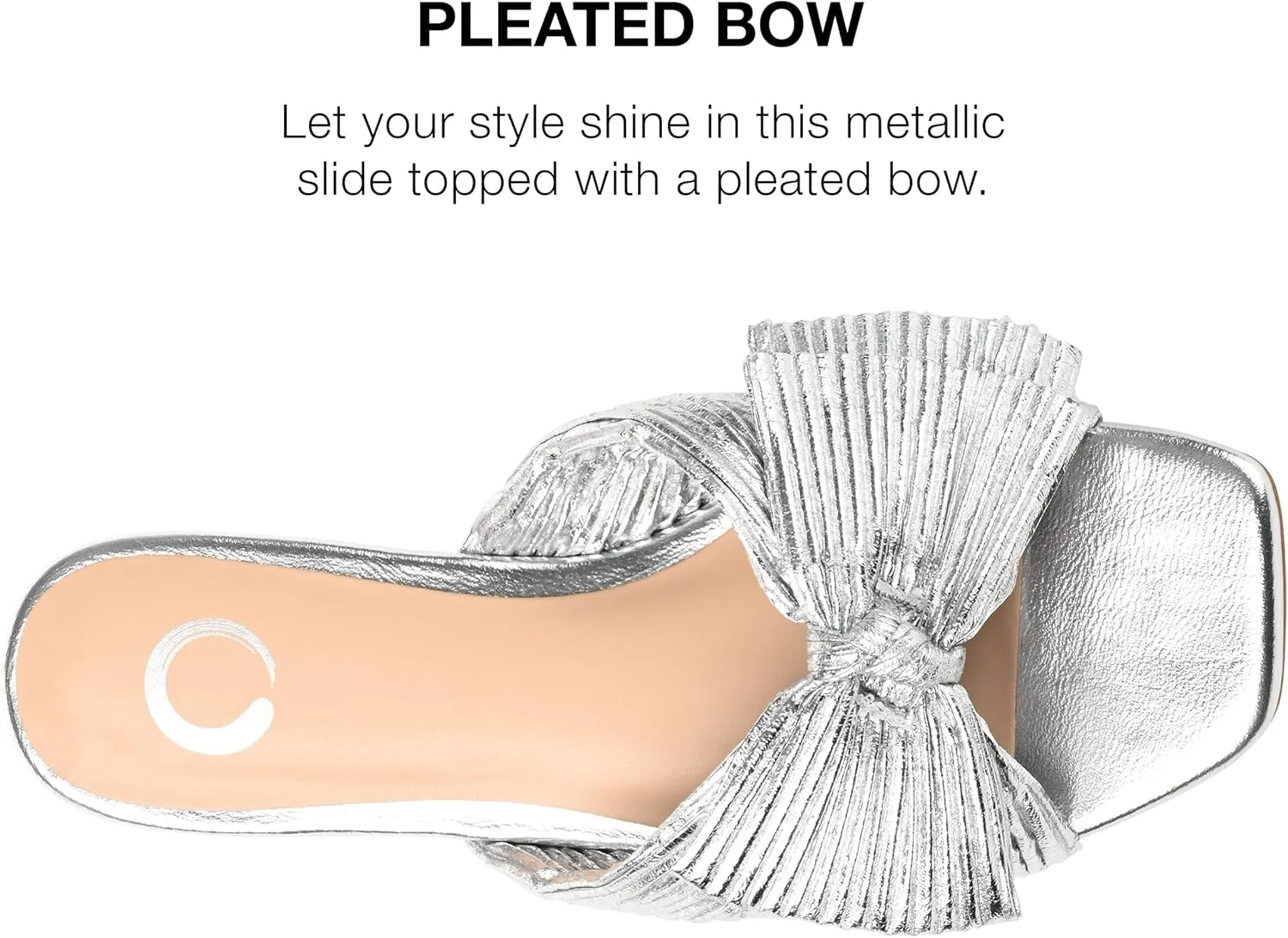 Journee Womens Pleated Metallic Bow Knot Low Block Heel Padded Open Square Toe Serlina Slide Sandal