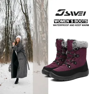 JSWEI Women Winter Snow Boots Soft Comfortable Faux Fur Mid Calf Wide Width Waterproof Warm Lace-Up Snow Boots for Women's Insulated Woman Lightweight Non-Slip Outdoor