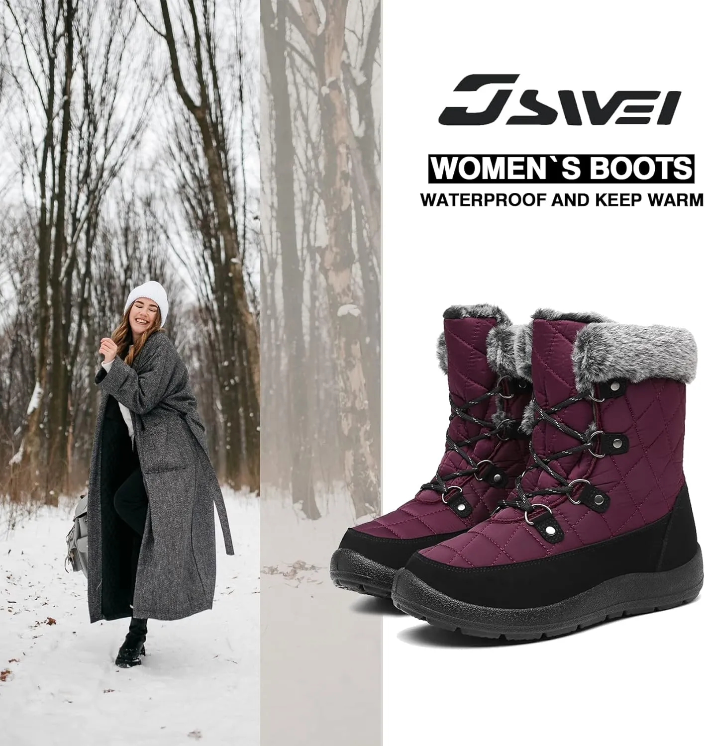 JSWEI Women Winter Snow Boots Soft Comfortable Faux Fur Mid Calf Wide Width Waterproof Warm Lace-Up Snow Boots for Women's Insulated Woman Lightweight Non-Slip Outdoor