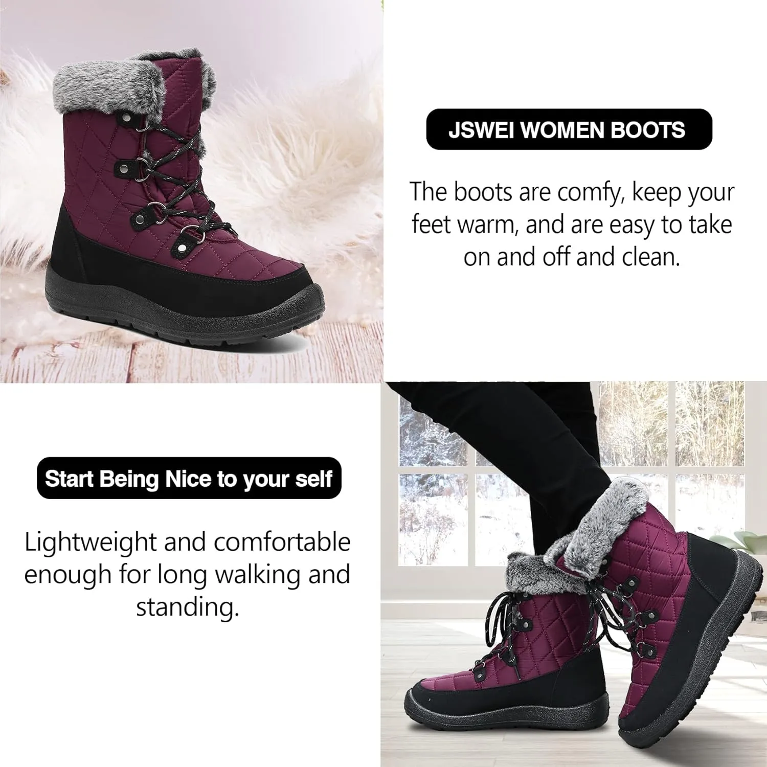 JSWEI Women Winter Snow Boots Soft Comfortable Faux Fur Mid Calf Wide Width Waterproof Warm Lace-Up Snow Boots for Women's Insulated Woman Lightweight Non-Slip Outdoor