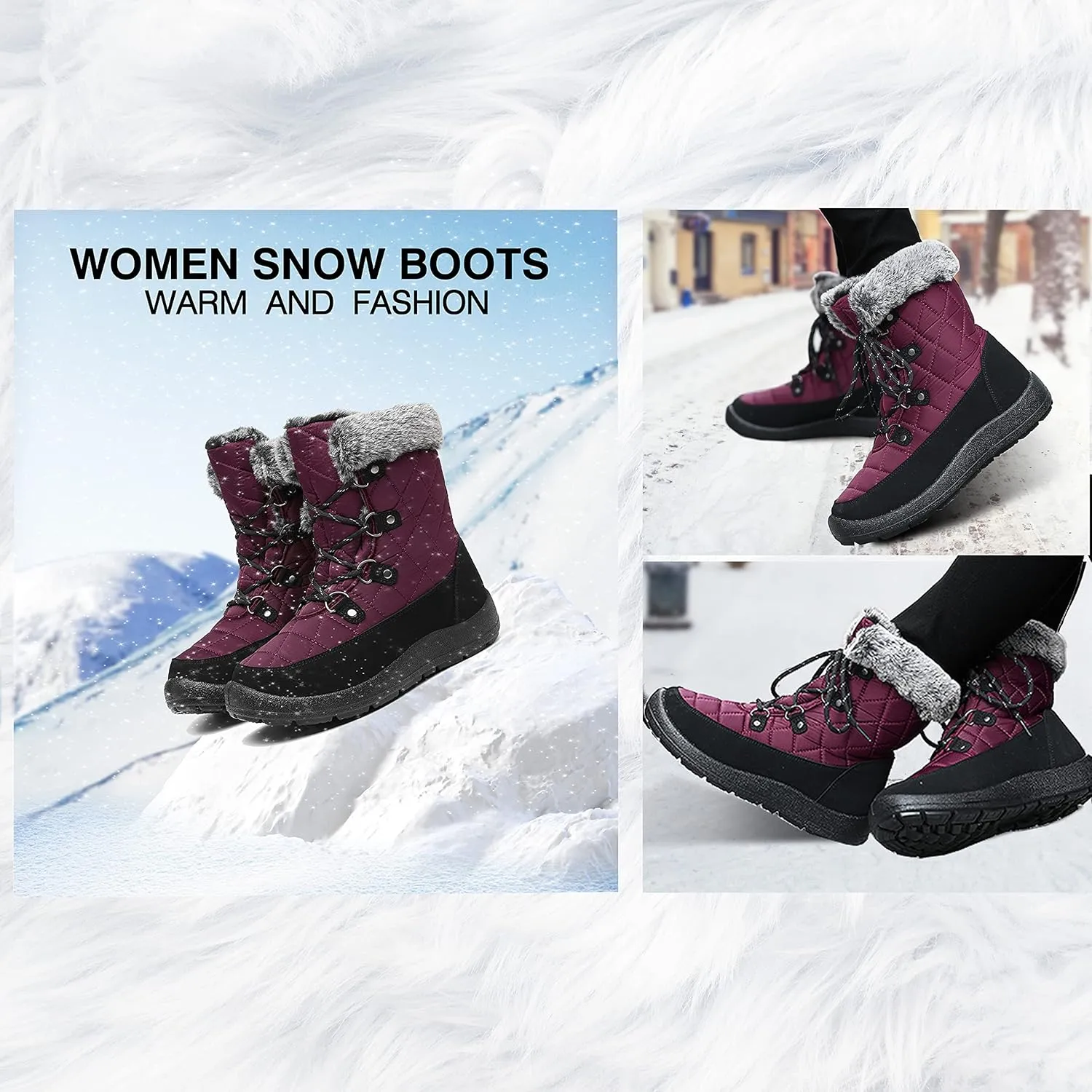 JSWEI Women Winter Snow Boots Soft Comfortable Faux Fur Mid Calf Wide Width Waterproof Warm Lace-Up Snow Boots for Women's Insulated Woman Lightweight Non-Slip Outdoor