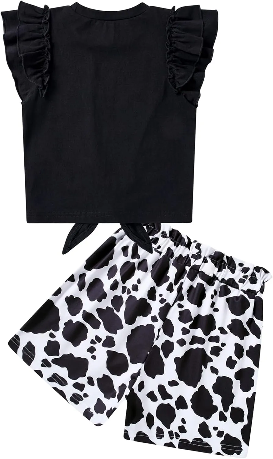 Kids4ever Girls 2Pcs Outfits For 5-12Y Ruffle Short Sleeve Tie Knot Front Top And Shorts Set For Kids School