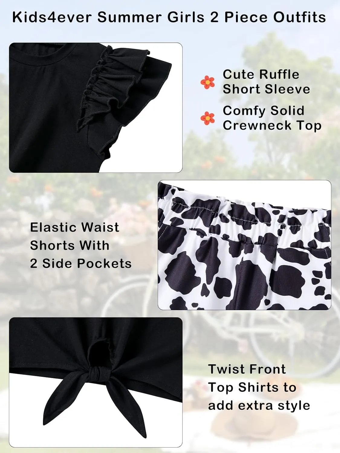 Kids4ever Girls 2Pcs Outfits For 5-12Y Ruffle Short Sleeve Tie Knot Front Top And Shorts Set For Kids School