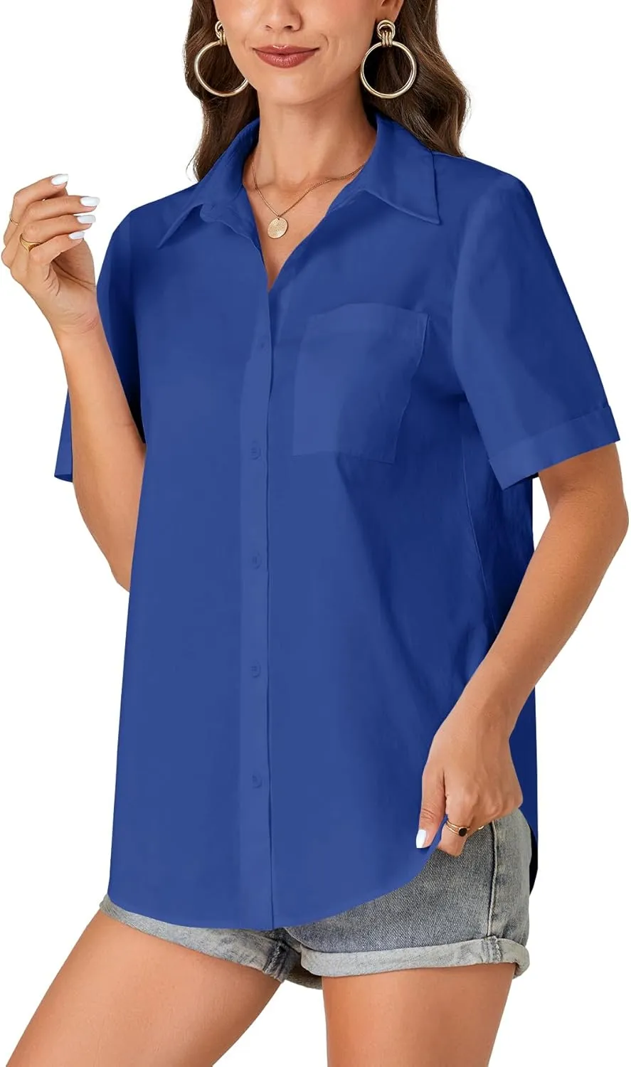KIFOVEN Women’s Short Sleeve Button Down Shirt Collared Cotton Casual Summer Blouse Top with Pocket