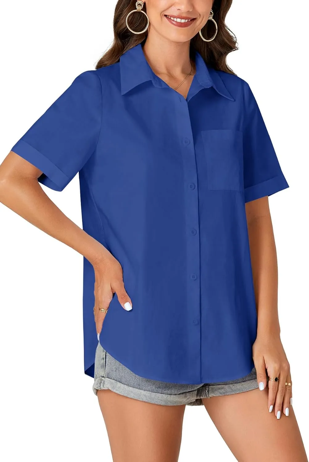 KIFOVEN Women’s Short Sleeve Button Down Shirt Collared Cotton Casual Summer Blouse Top with Pocket