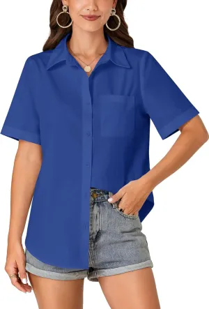 KIFOVEN Women’s Short Sleeve Button Down Shirt Collared Cotton Casual Summer Blouse Top with Pocket