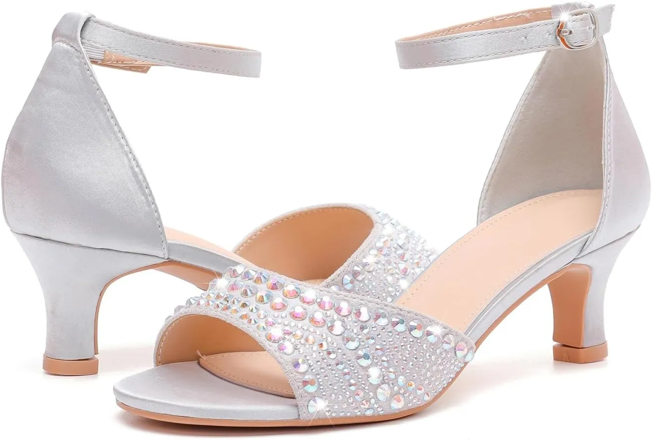 kkdom Women Rhinestone Low Kitten Heels Sandals Open Toe Ankle Strap Fashion Stilettos Buckle Office Wedding Dating Dress Shoes