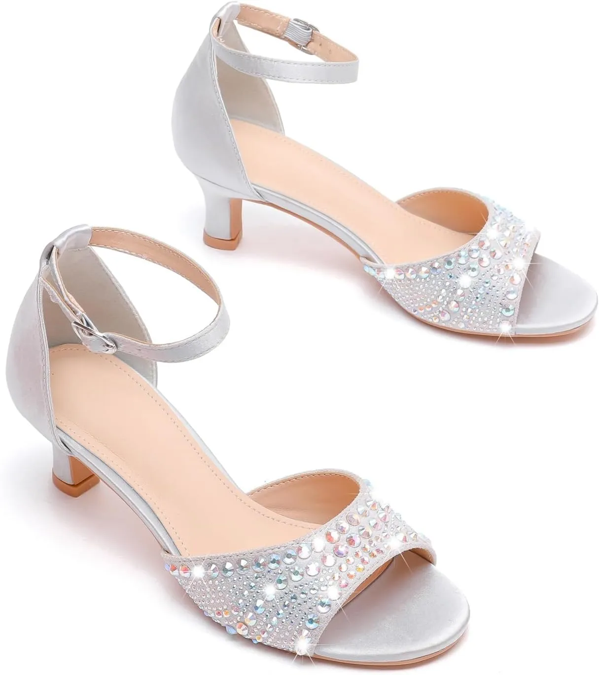 kkdom Women Rhinestone Low Kitten Heels Sandals Open Toe Ankle Strap Fashion Stilettos Buckle Office Wedding Dating Dress Shoes