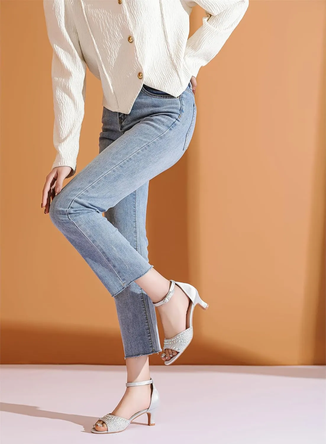 kkdom Women Rhinestone Low Kitten Heels Sandals Open Toe Ankle Strap Fashion Stilettos Buckle Office Wedding Dating Dress Shoes