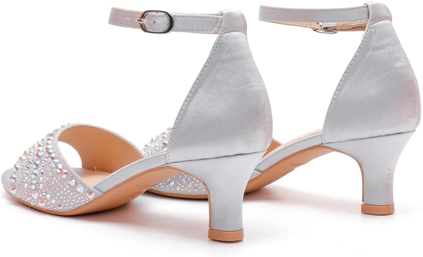kkdom Women Rhinestone Low Kitten Heels Sandals Open Toe Ankle Strap Fashion Stilettos Buckle Office Wedding Dating Dress Shoes