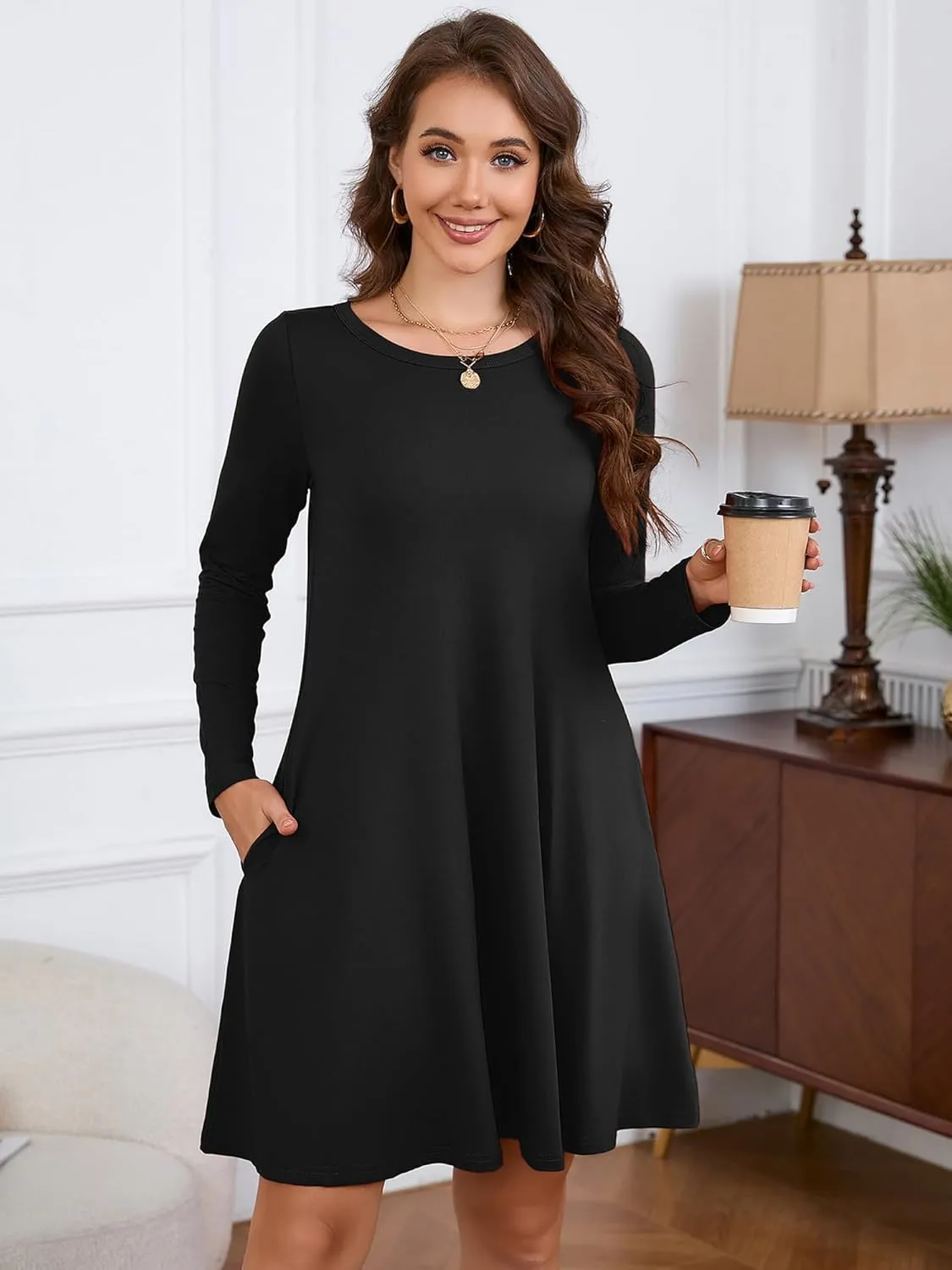 KORSIS Women Long Sleeve Tops T-Shirt Dress Round Neck Casual A-Line Loose Vocation Fall Winter Dress with Pockets