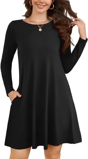 KORSIS Women Long Sleeve Tops T-Shirt Dress Round Neck Casual A-Line Loose Vocation Fall Winter Dress with Pockets