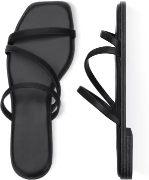 LACUONE Strappy Flat Sandals For Women Slip On Square Open Toe Slides Sandals