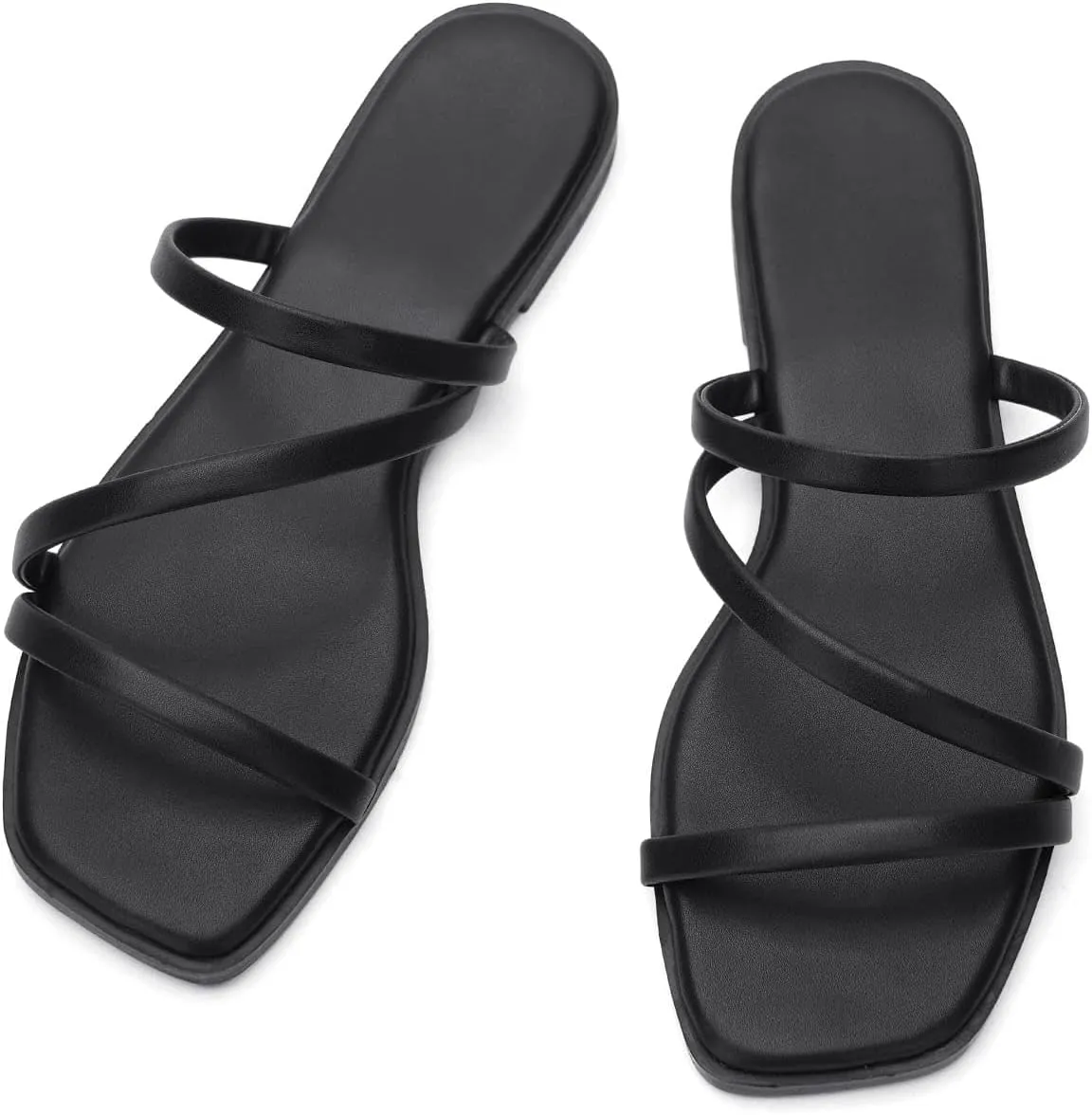 LACUONE Strappy Flat Sandals For Women Slip On Square Open Toe Slides Sandals