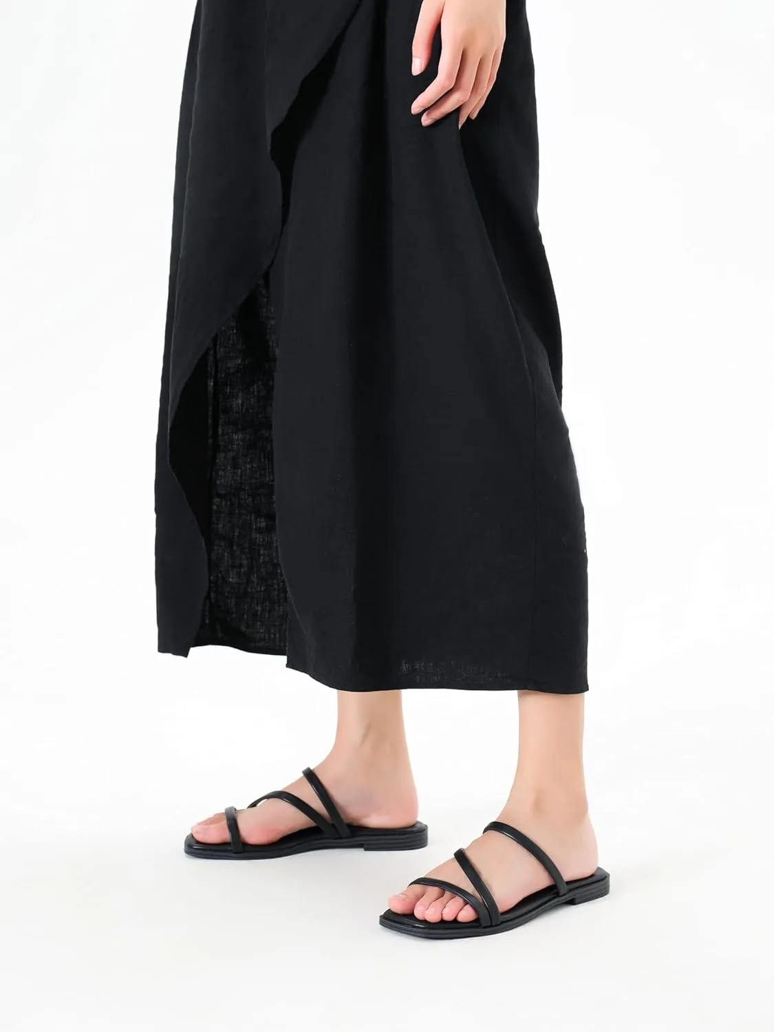 LACUONE Strappy Flat Sandals For Women Slip On Square Open Toe Slides Sandals