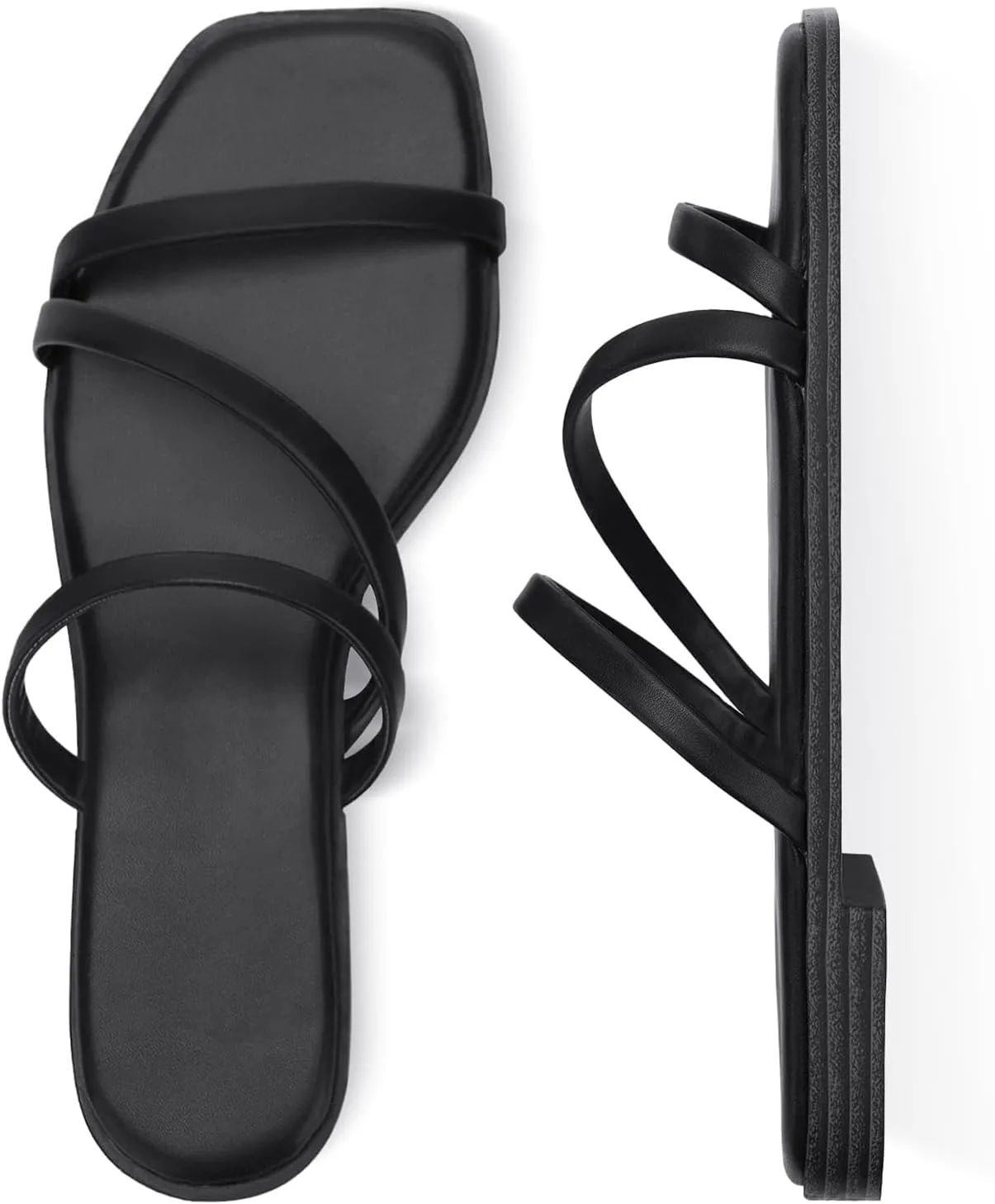 LACUONE Strappy Flat Sandals For Women Slip On Square Open Toe Slides Sandals