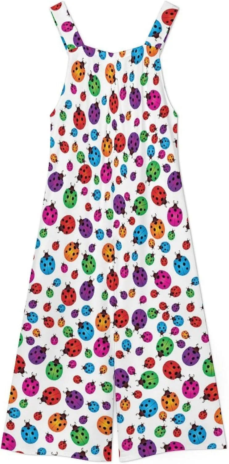 Ladybug Suspender Jumpsuit Womens Long Slings Playsuit Boiler Suit Casual Loose Sleeveless Wide Leg Pant Overalls