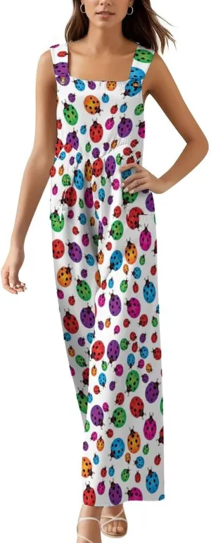 Ladybug Suspender Jumpsuit Womens Long Slings Playsuit Boiler Suit Casual Loose Sleeveless Wide Leg Pant Overalls