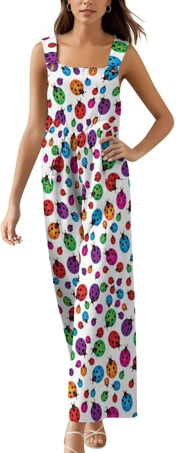 Ladybug Suspender Jumpsuit Womens Long Slings Playsuit Boiler Suit Casual Loose Sleeveless Wide Leg Pant Overalls