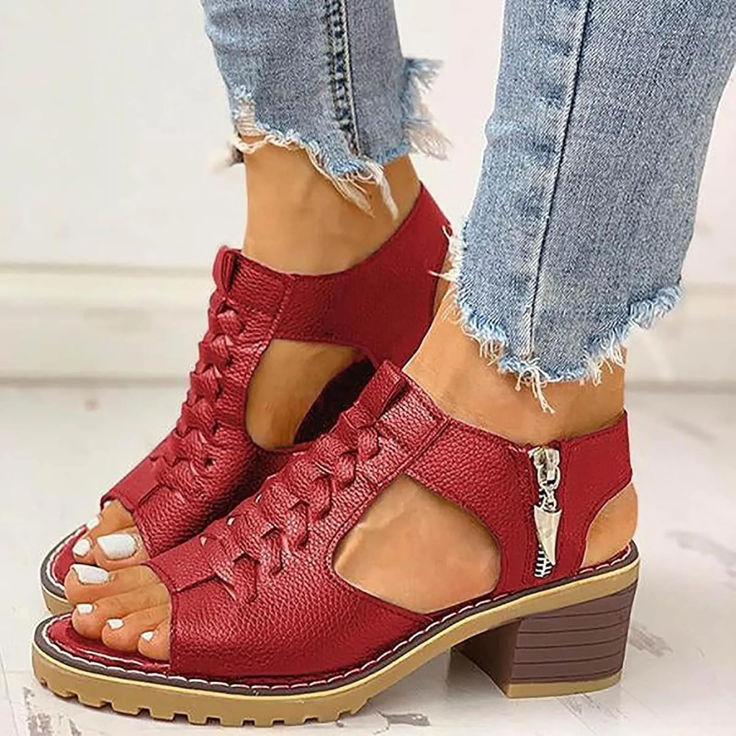 Libiyi Sandals Women Dressy 2025, Open Toe Cutout Zipper Chunky Heeled New Hollow Fish Mouth Slip on Summer Beach Boho Comfortable Outdoor Shoes