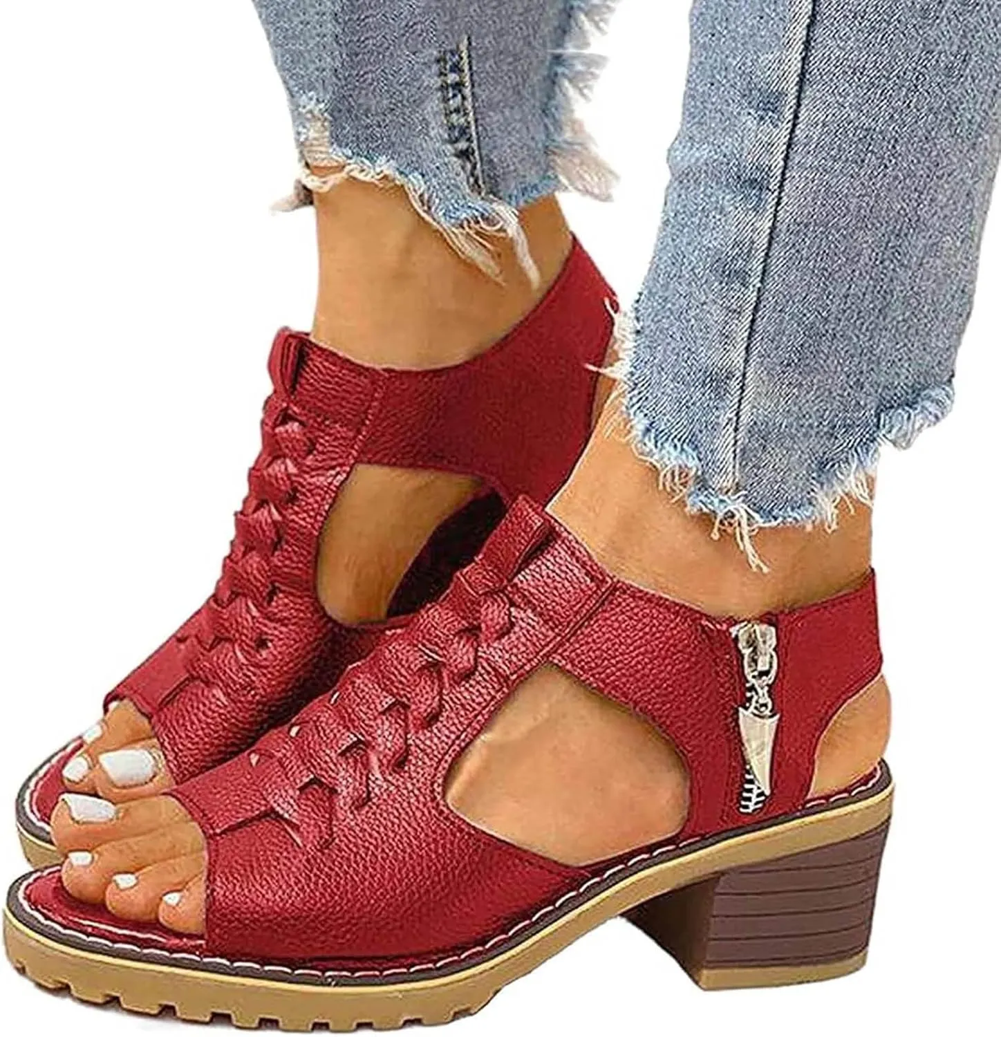 Libiyi Sandals Women Dressy 2025, Open Toe Cutout Zipper Chunky Heeled New Hollow Fish Mouth Slip on Summer Beach Boho Comfortable Outdoor Shoes