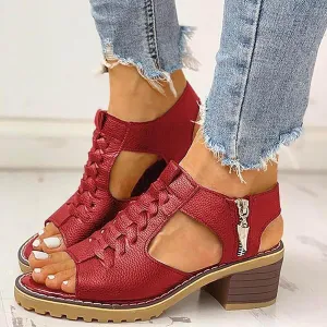 Libiyi Sandals Women Dressy 2025, Open Toe Cutout Zipper Chunky Heeled New Hollow Fish Mouth Slip on Summer Beach Boho Comfortable Outdoor Shoes
