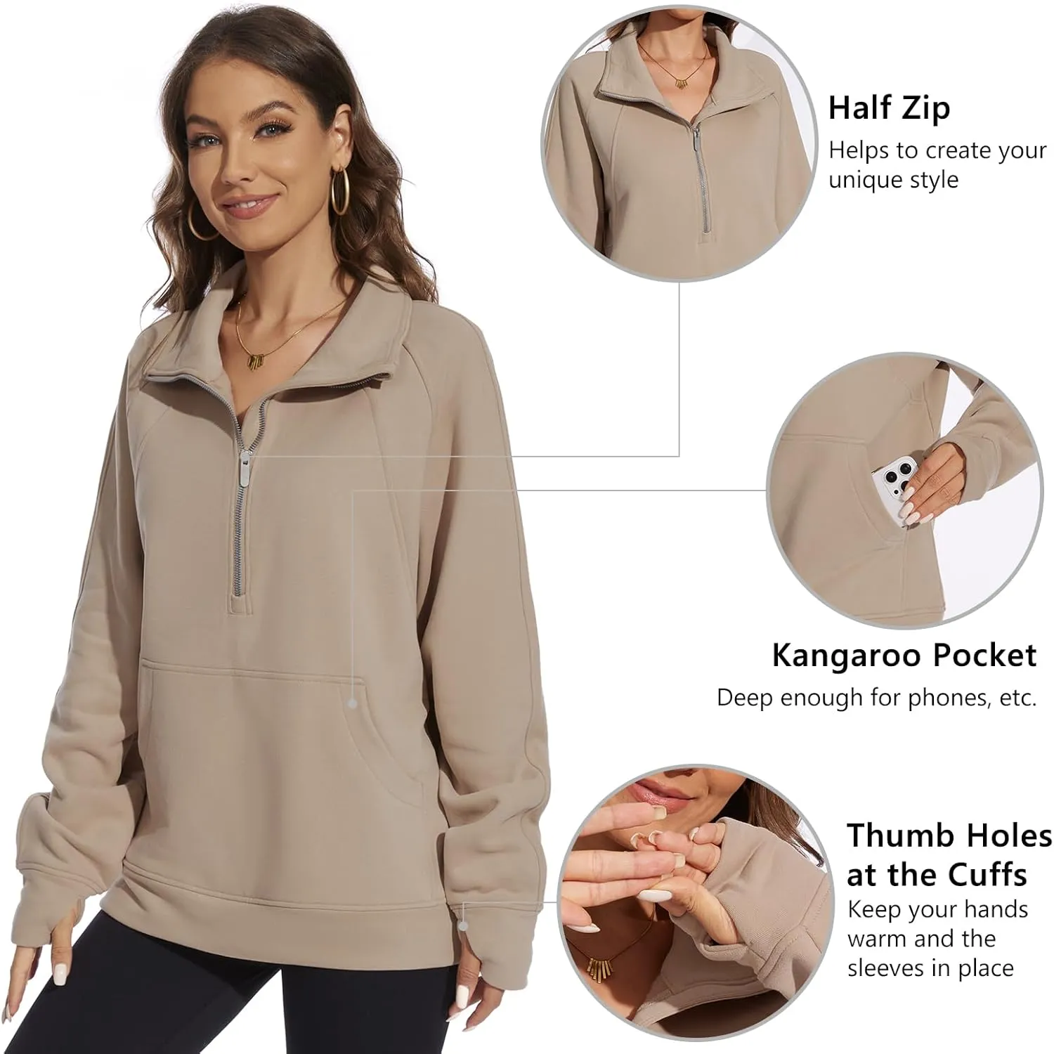 Lightbare Women’s Fleece Sweatshirt Half Zip Oversized Pullover Loose Fit Sweat Tops with Pocket Thumb Hole Fall Winter