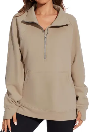 Lightbare Women’s Fleece Sweatshirt Half Zip Oversized Pullover Loose Fit Sweat Tops with Pocket Thumb Hole Fall Winter
