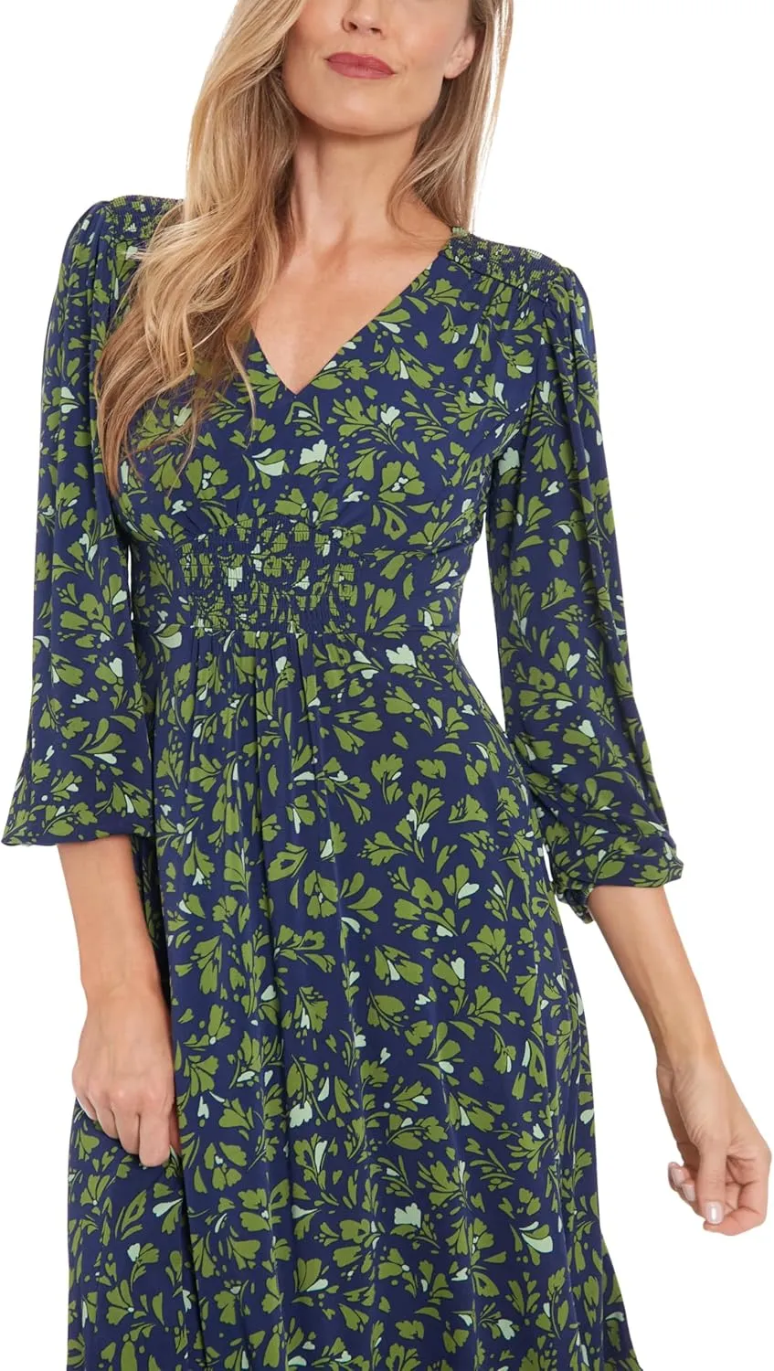 London Times Women's Floral Print V-Neck Midi 3/4 Bell Sleeves-Versatile Empire Waist Cocktail Wedding Guest Dresses
