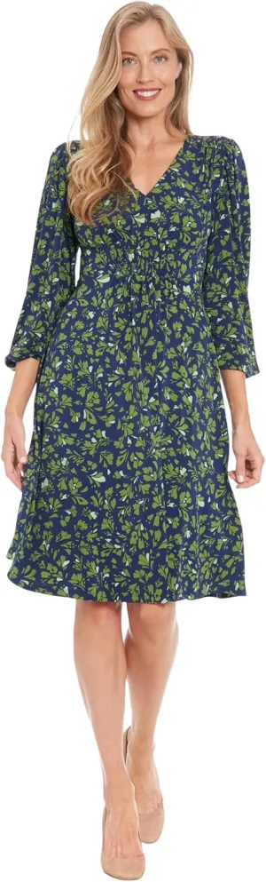 London Times Women's Floral Print V-Neck Midi 3/4 Bell Sleeves-Versatile Empire Waist Cocktail Wedding Guest Dresses