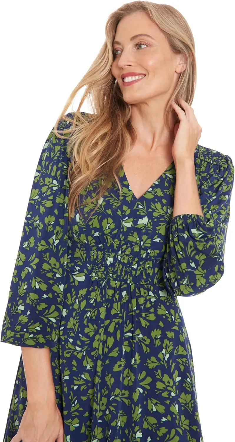 London Times Women's Floral Print V-Neck Midi 3/4 Bell Sleeves-Versatile Empire Waist Cocktail Wedding Guest Dresses