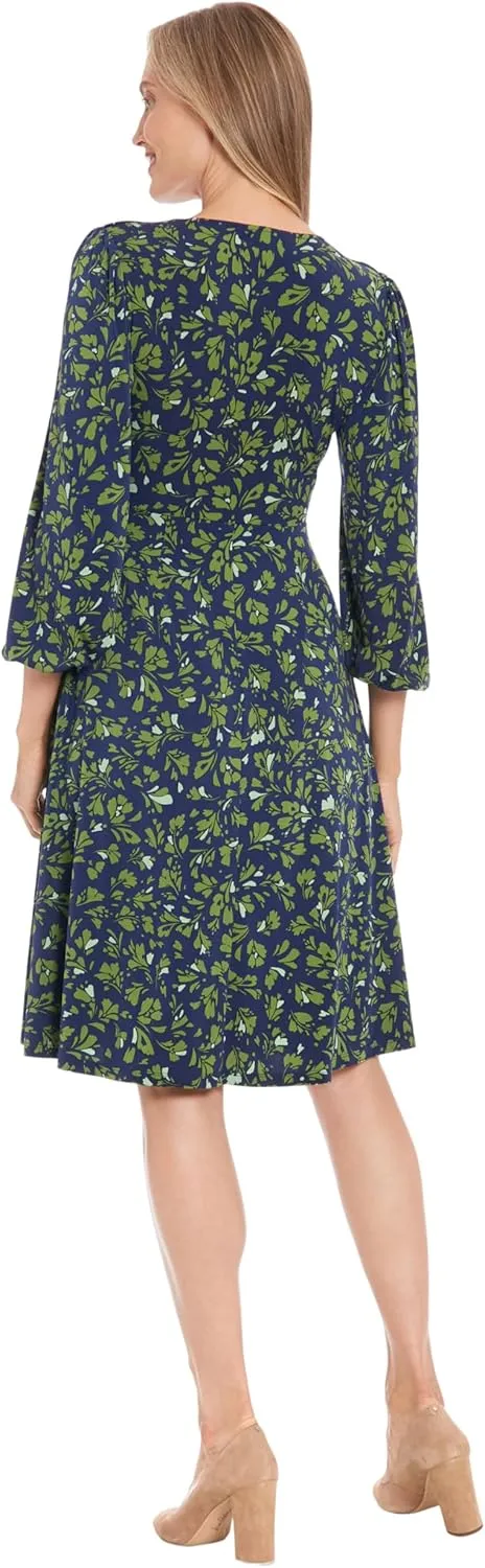 London Times Women's Floral Print V-Neck Midi 3/4 Bell Sleeves-Versatile Empire Waist Cocktail Wedding Guest Dresses