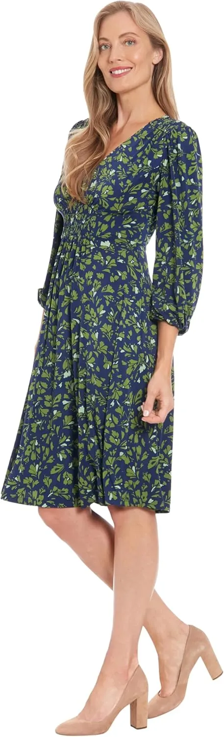 London Times Women's Floral Print V-Neck Midi 3/4 Bell Sleeves-Versatile Empire Waist Cocktail Wedding Guest Dresses