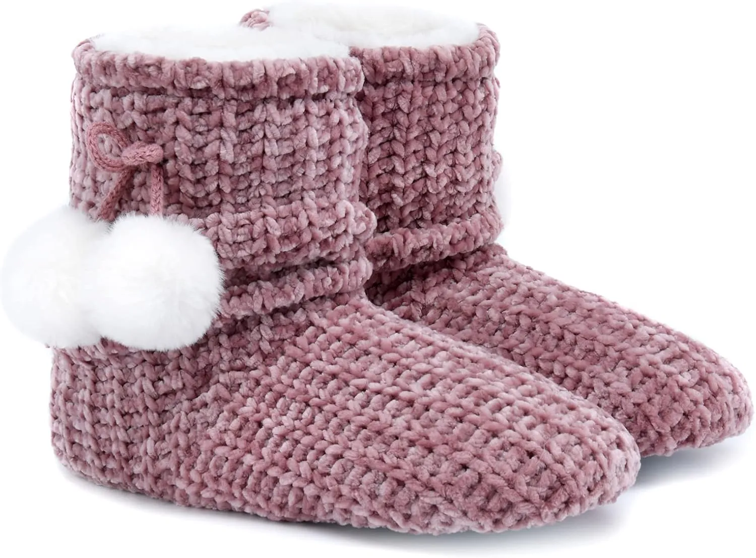 LORDFON Chenille Knit Womens Bootie Slippers with Cute Pom Pom,Comfy Winter Warm Plush Lining House Shoes,Indoor Boot Slippers for Women