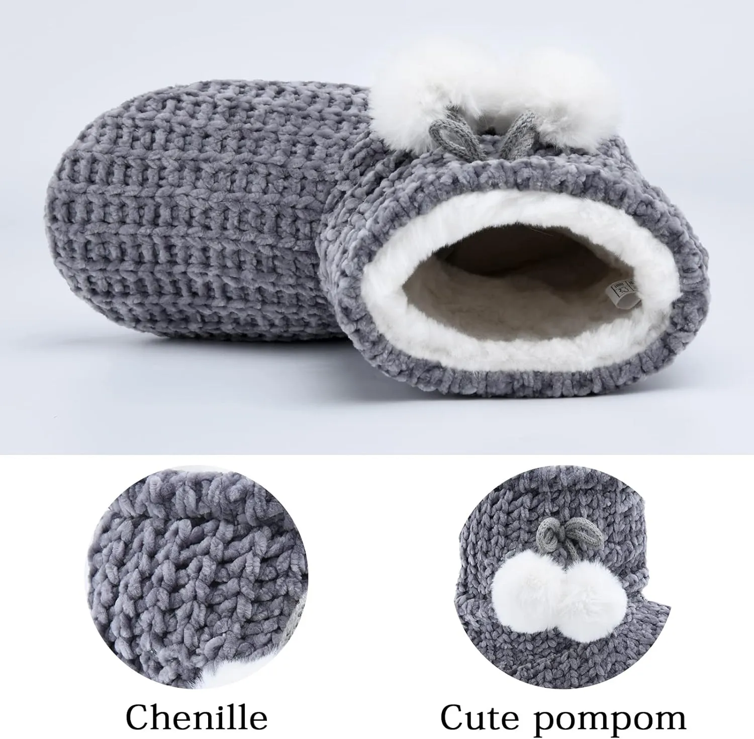 LORDFON Chenille Knit Womens Bootie Slippers with Cute Pom Pom,Comfy Winter Warm Plush Lining House Shoes,Indoor Boot Slippers for Women
