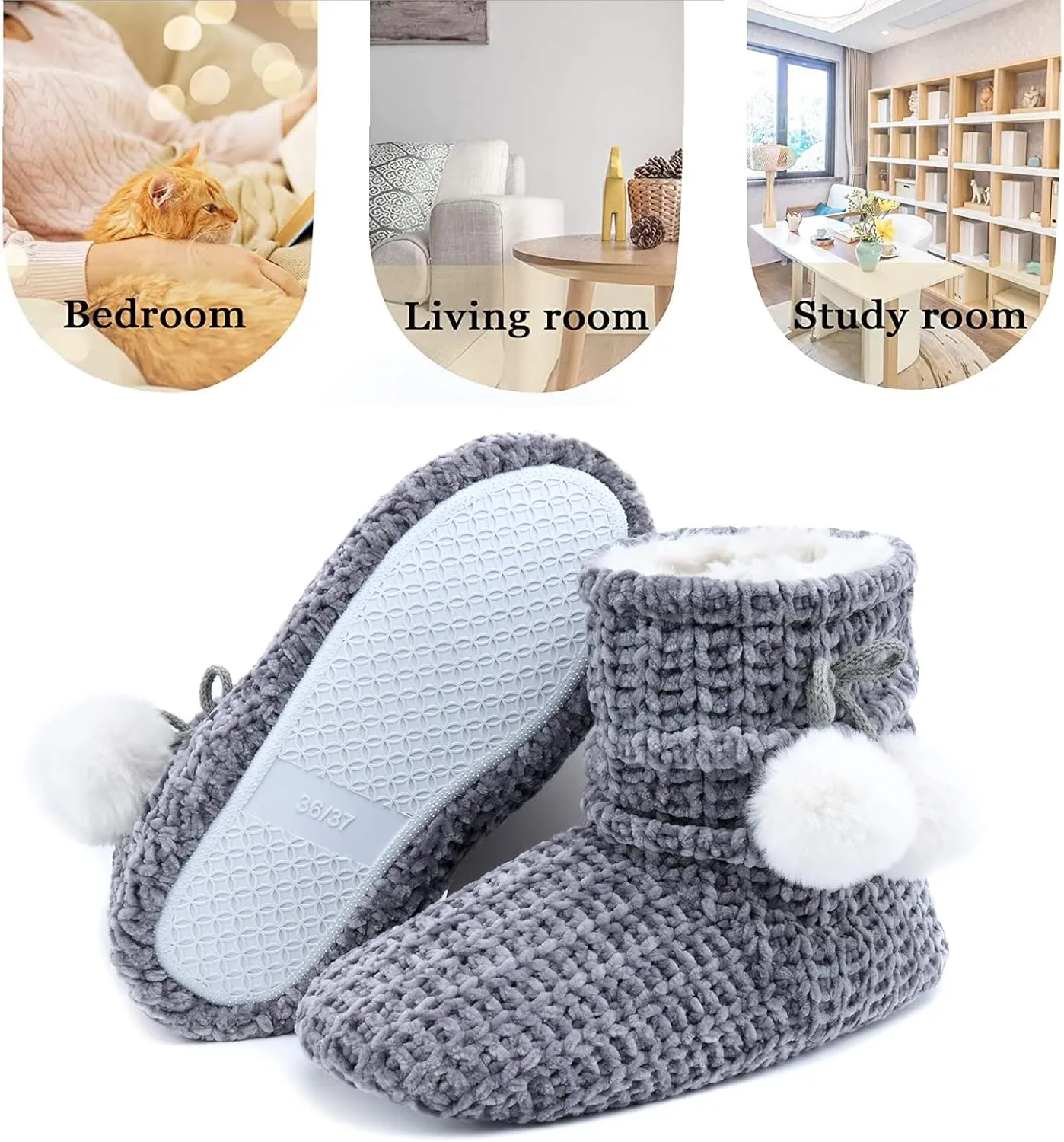 LORDFON Chenille Knit Womens Bootie Slippers with Cute Pom Pom,Comfy Winter Warm Plush Lining House Shoes,Indoor Boot Slippers for Women
