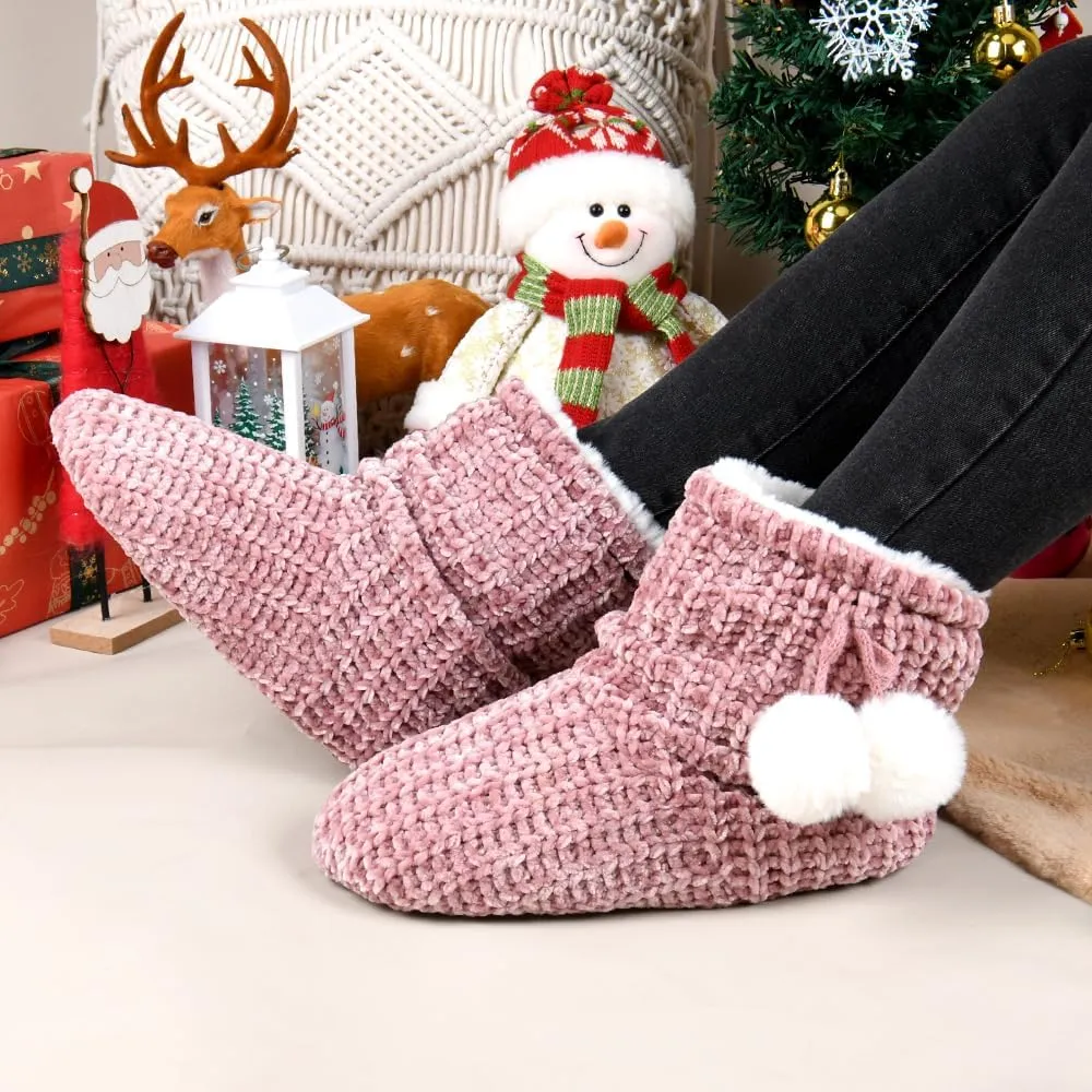 LORDFON Chenille Knit Womens Bootie Slippers with Cute Pom Pom,Comfy Winter Warm Plush Lining House Shoes,Indoor Boot Slippers for Women