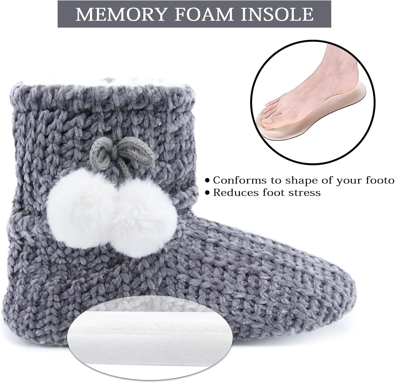 LORDFON Chenille Knit Womens Bootie Slippers with Cute Pom Pom,Comfy Winter Warm Plush Lining House Shoes,Indoor Boot Slippers for Women