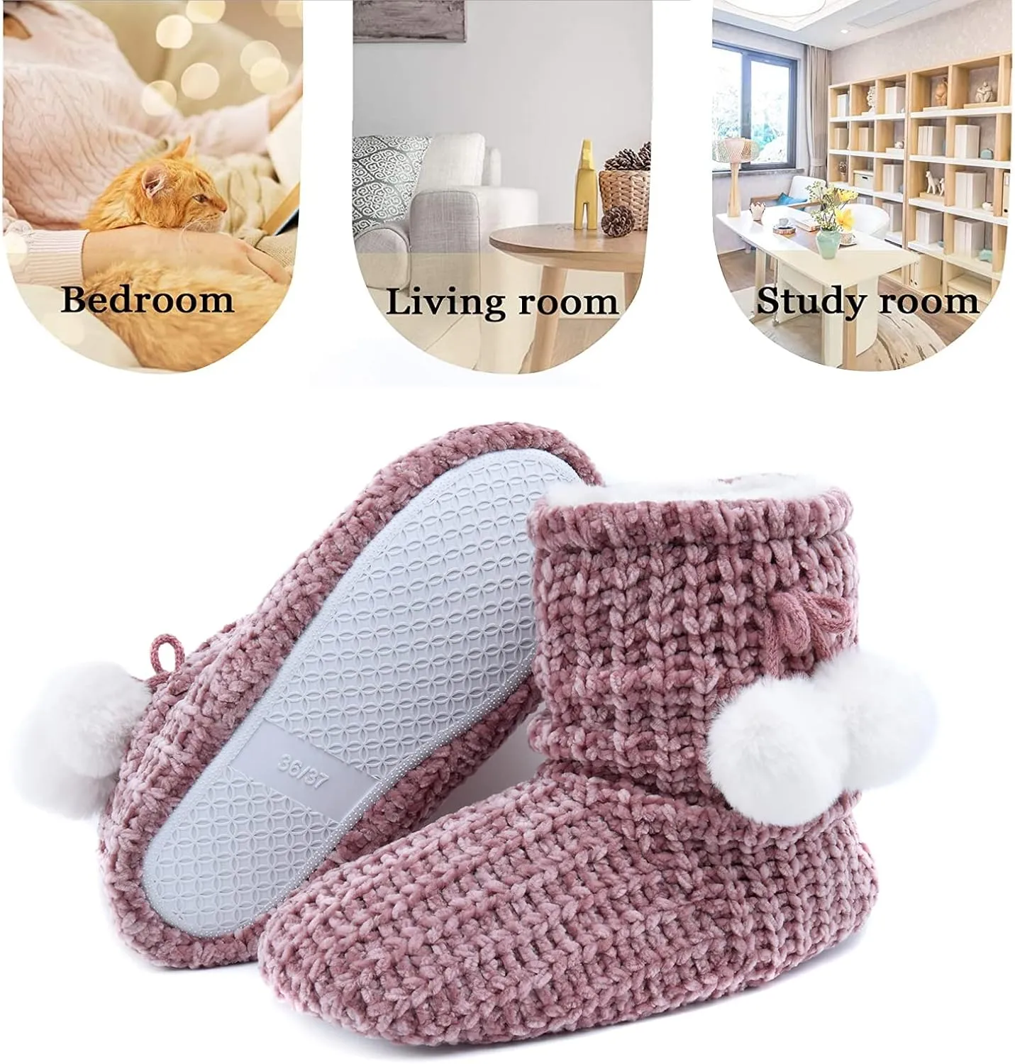 LORDFON Chenille Knit Womens Bootie Slippers with Cute Pom Pom,Comfy Winter Warm Plush Lining House Shoes,Indoor Boot Slippers for Women