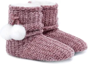 LORDFON Chenille Knit Womens Bootie Slippers with Cute Pom Pom,Comfy Winter Warm Plush Lining House Shoes,Indoor Boot Slippers for Women