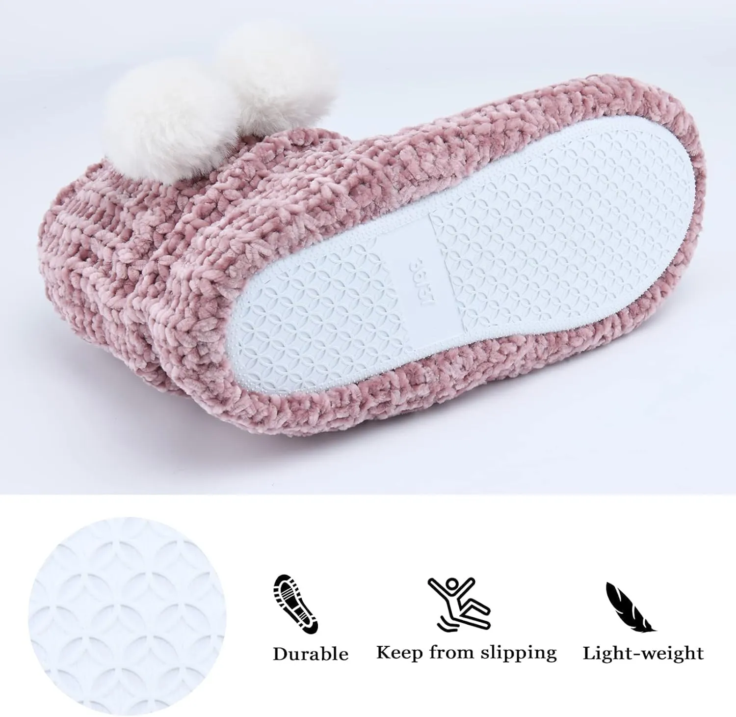 LORDFON Chenille Knit Womens Bootie Slippers with Cute Pom Pom,Comfy Winter Warm Plush Lining House Shoes,Indoor Boot Slippers for Women