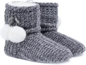 LORDFON Chenille Knit Womens Bootie Slippers with Cute Pom Pom,Comfy Winter Warm Plush Lining House Shoes,Indoor Boot Slippers for Women